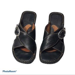 Born Black Leather Open Toe Buckle Wedge Sandal